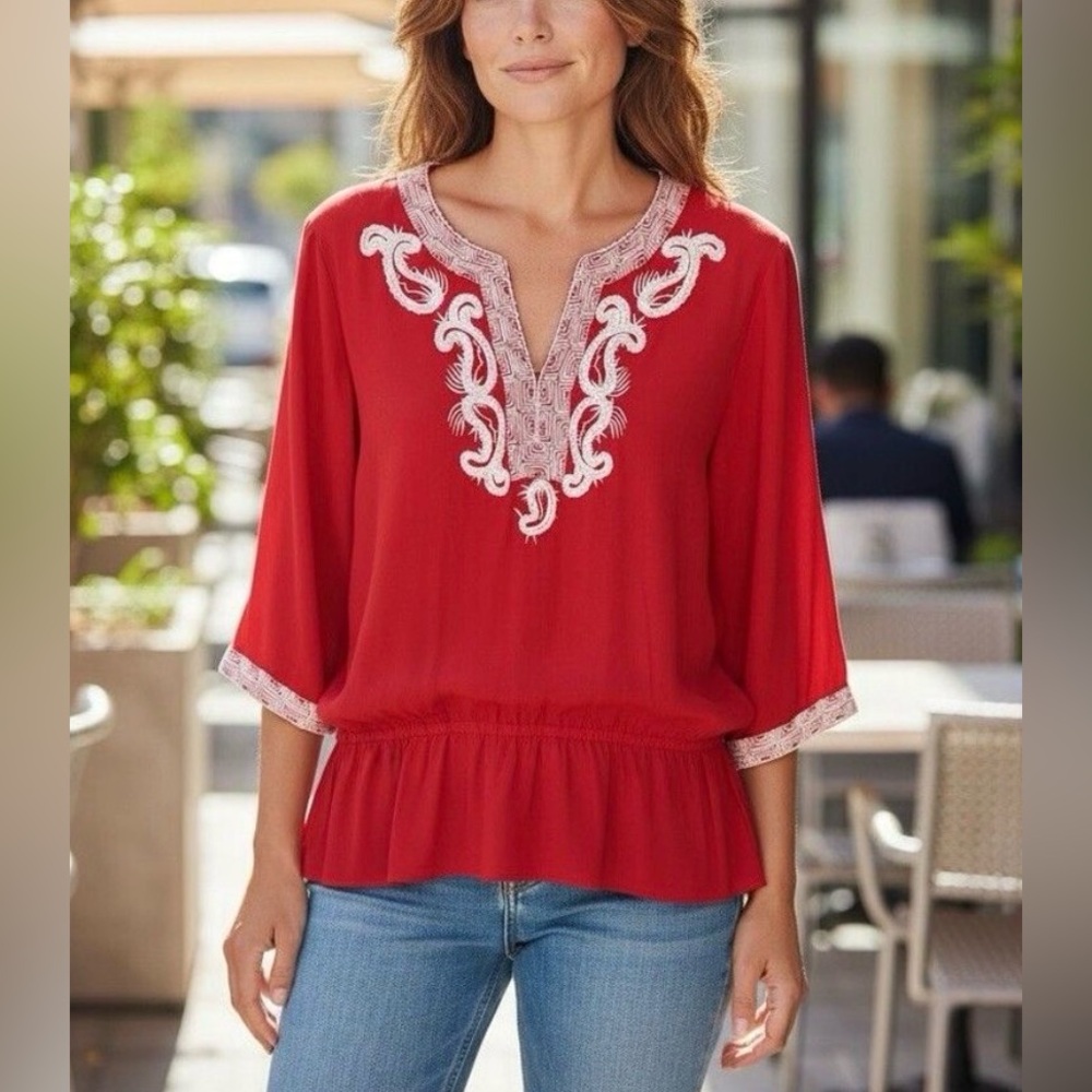 CHICOS Womens Tunic Blouse SIZE 2 Large Red with White Embroidery 3/4 Sleeve